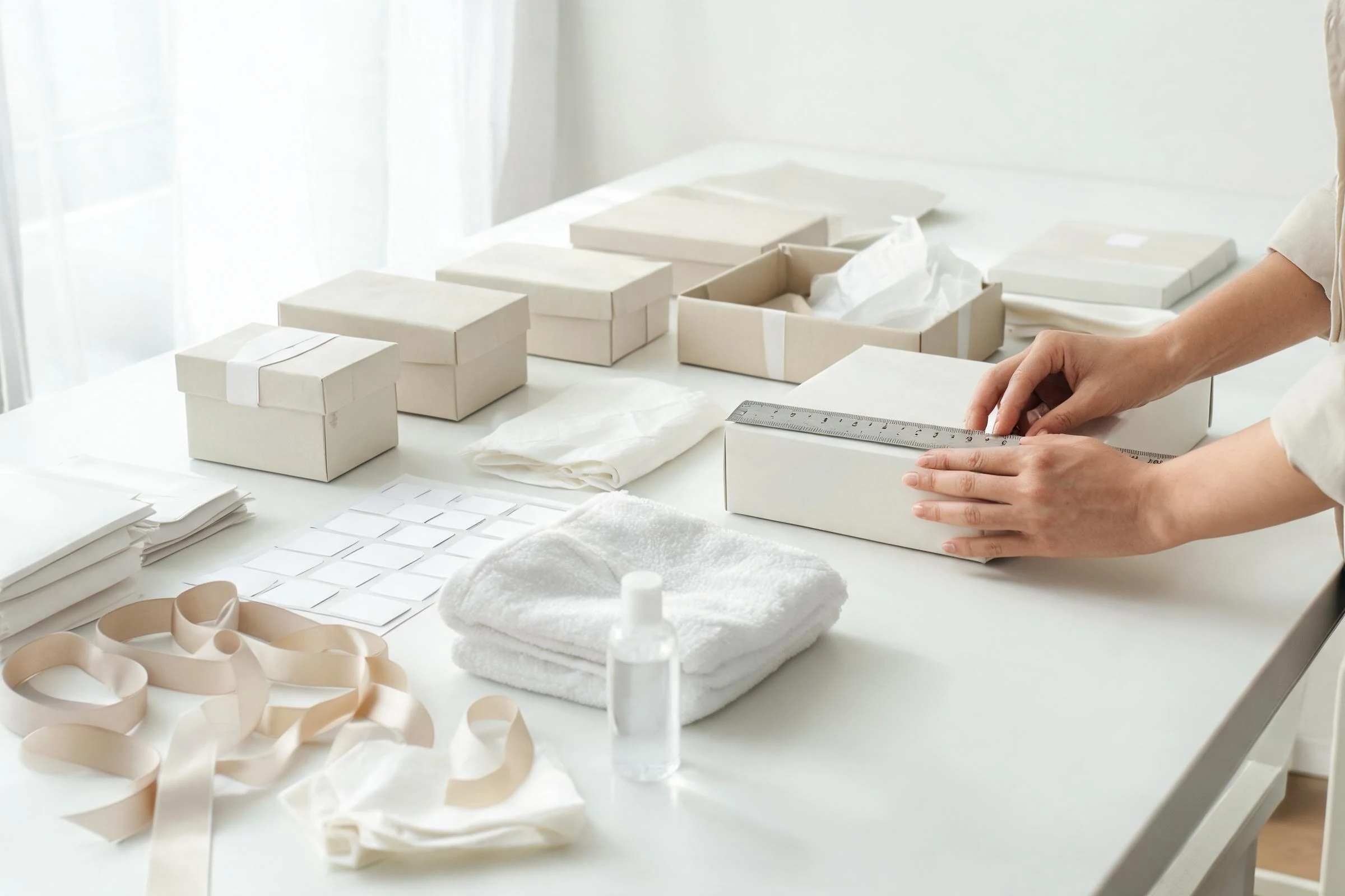 Packaging formats, material samples and measurements reviewed during the customization process