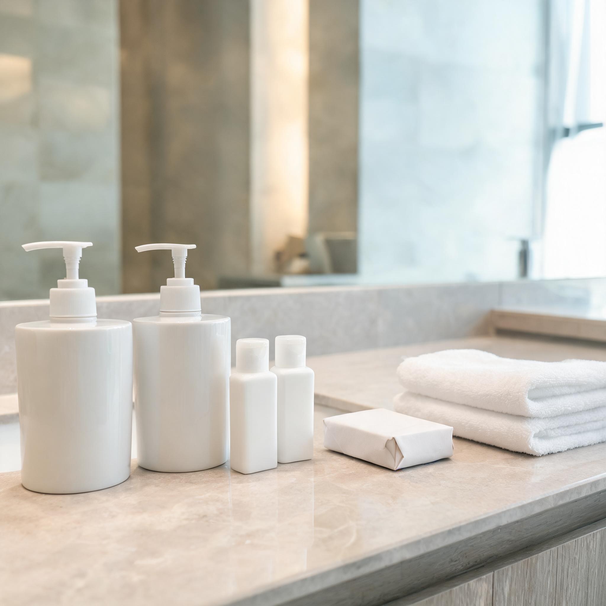 Refillable hotel bathroom amenities and soft towels