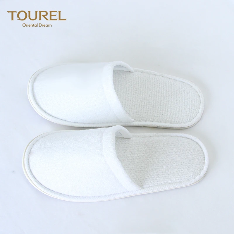 One Size Eco-friendly Comfortable Closed Toe Sole Pull Plush Terry Towel Fabric White Disposable Hotel & Hospital Use Slipper