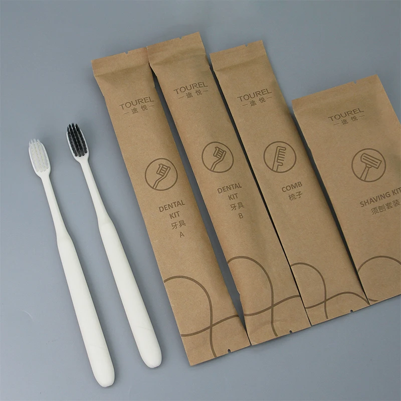 Kit d'accessoires de toilette jetables personnalisés pour clients d'hôtel, emballage en papier kraft écologique, trousse d'agréments pour hôtel