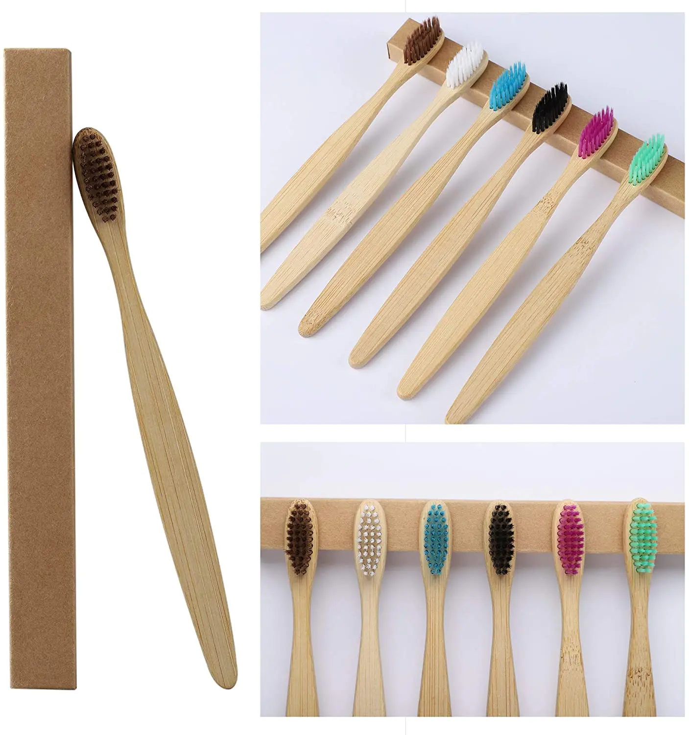 Brosse à dents en bambou 100 % recyclé, bon bois, poils souples, jetable, avec boîte en papier pour usage domestique