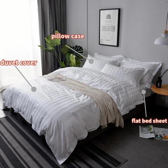Wholesale 100% Cotton Hotel Linen 300tc White Duvet Cover & Fitted Bed Sheet Set 3cm Stripe 300tc Bedding Set For Beds