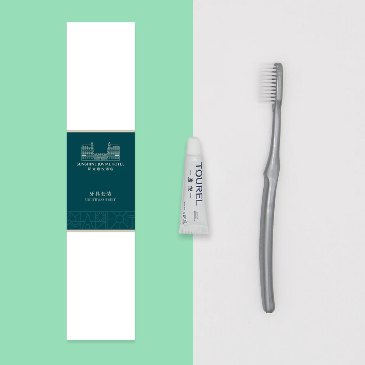 Brosse à dents jetable d'hôtel et mousse de shampoing/savon, essentiels de salle de bain tout-en-un