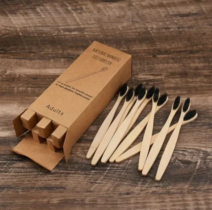 Disposable Flat Bamboo Toothbrush With Soft Charcoal Bristles Biodegradable Bamboo Handle Paper Bag Packaging For Home Use