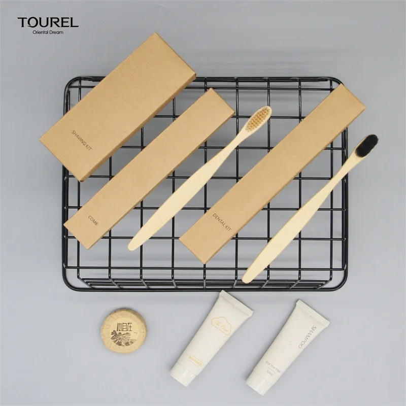 Coffret d'équipements d'hôtel en bambou écologique avec emballage en sachet biodégradable pour maison d'hôtes