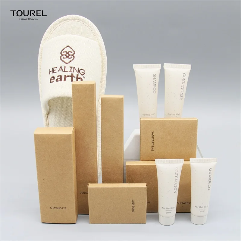 Coffret d'équipements d'hôtel en bambou écologique avec emballage en sachet biodégradable pour maison d'hôtes