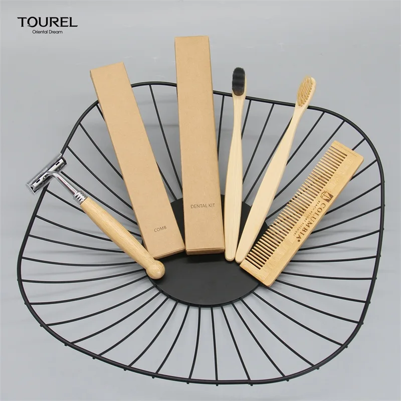 Coffret d'équipements d'hôtel en bambou écologique avec emballage en sachet biodégradable pour maison d'hôtes
