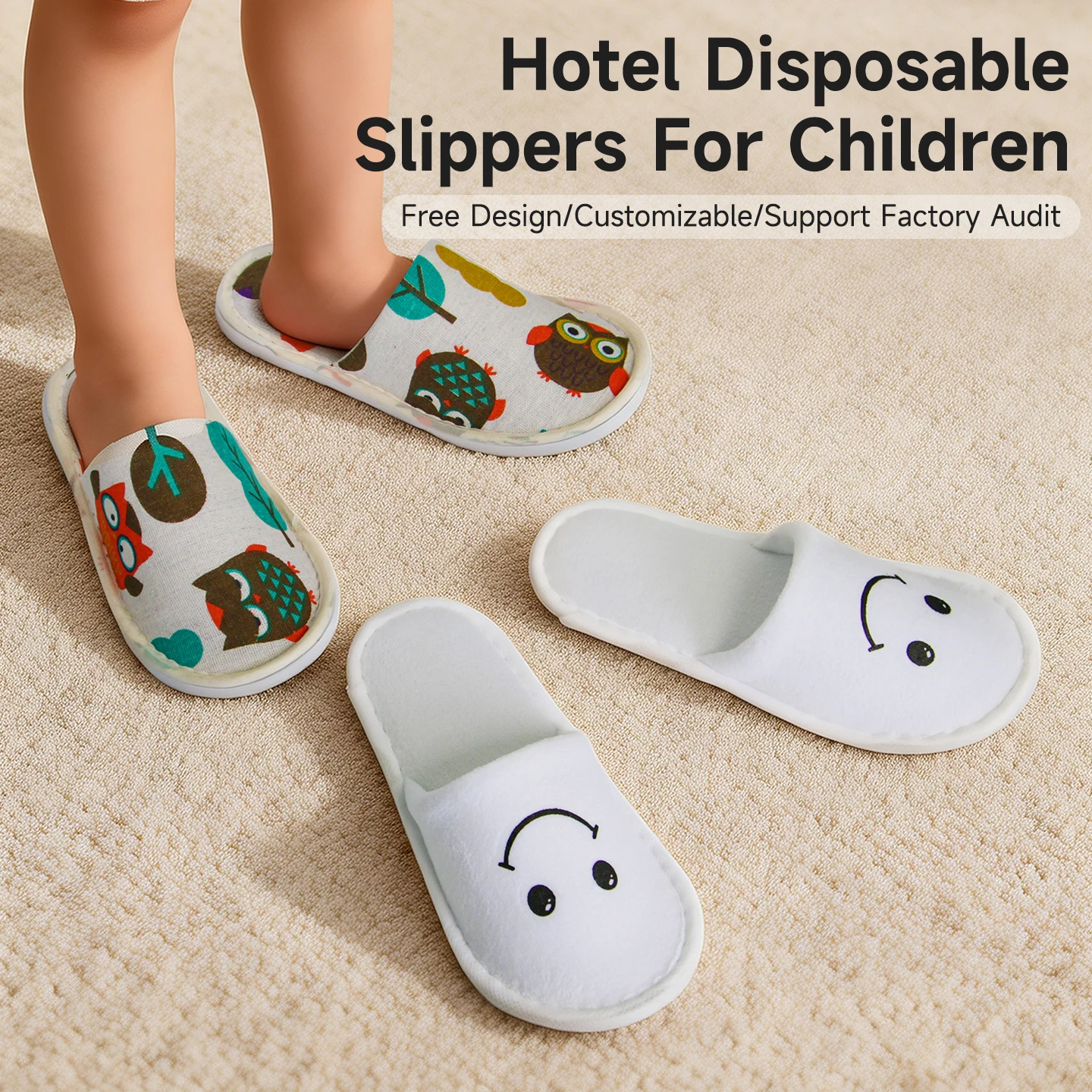 Chaussons jetables pour enfants pour hôtels 3-5 étoiles, semelle épaissie écologique antidérapante, design cartoon, polaire corail, confort voyage
