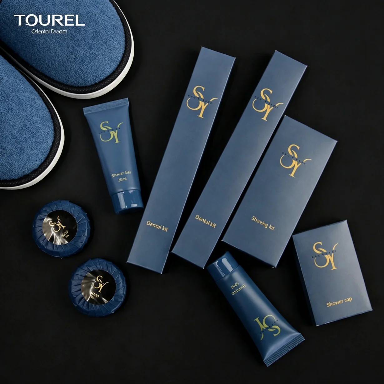 Set de Amenidades de Hotel Azul Marino con Logo Personalizado de Alta Gama, Kit de Art&iacute;culos de Ba&ntilde;o Desechables de Lujo 5 Estrellas para Habitaciones de Hu&eacute;spedes