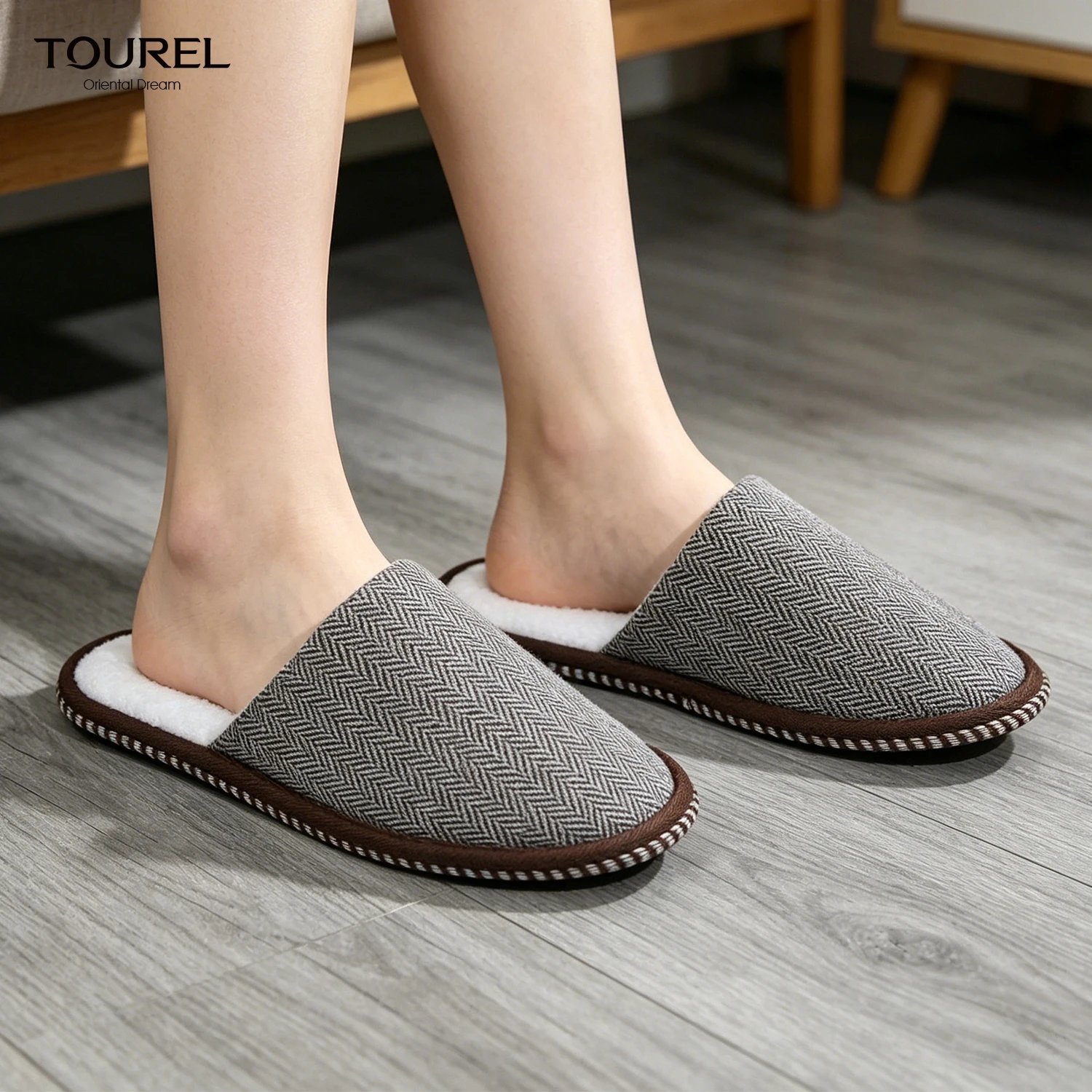 Zapatillas de hotel de tejido Premium espiga doble sarga, suaves zapatillas de lino para invitados, forro polar de coral c&aacute;lido