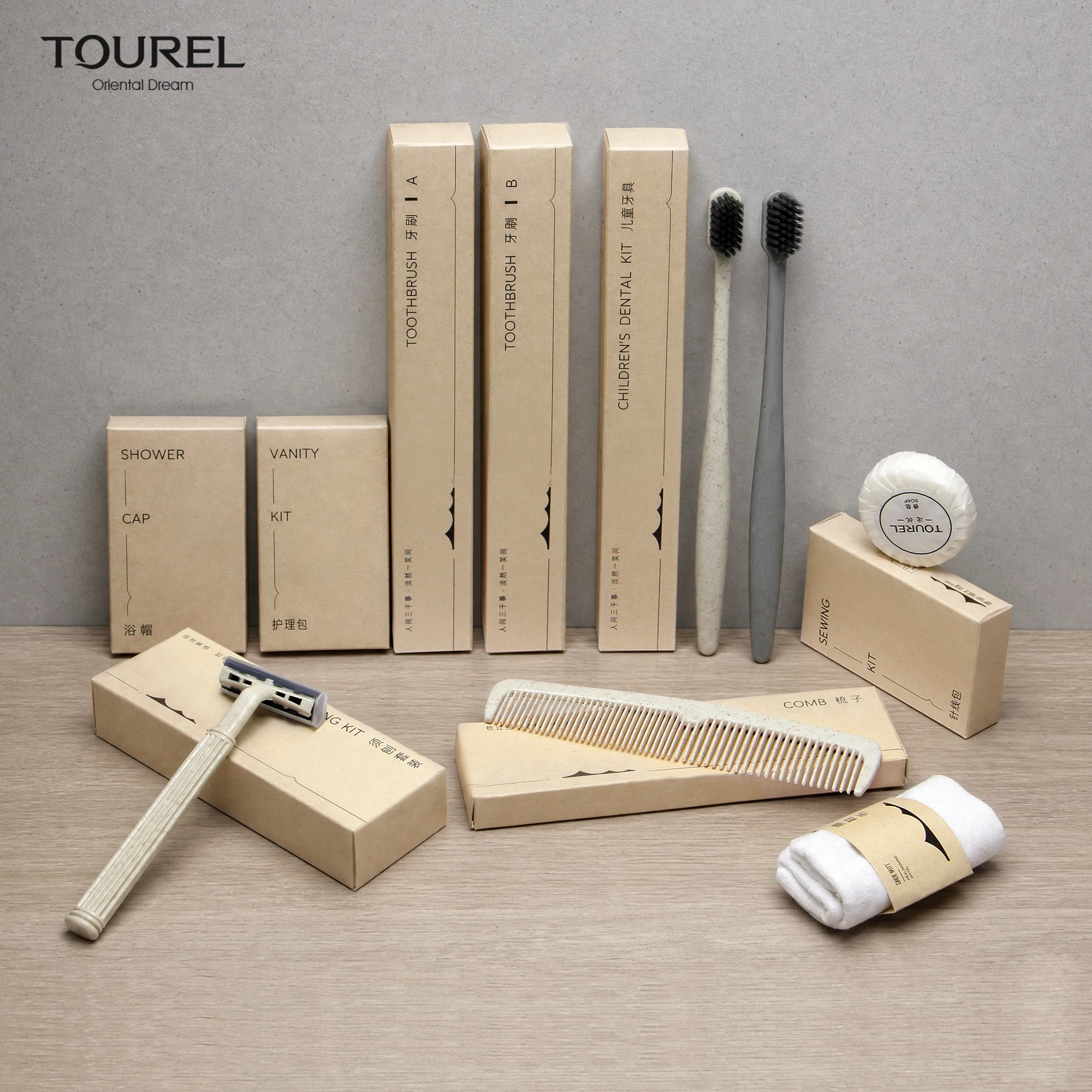 Kit de art&iacute;culos de tocador desechables ecol&oacute;gicos, caja de papel de ca&ntilde;a de az&uacute;car certificada FSC, set de amenidades para hotel con kit dental para ni&ntilde;os