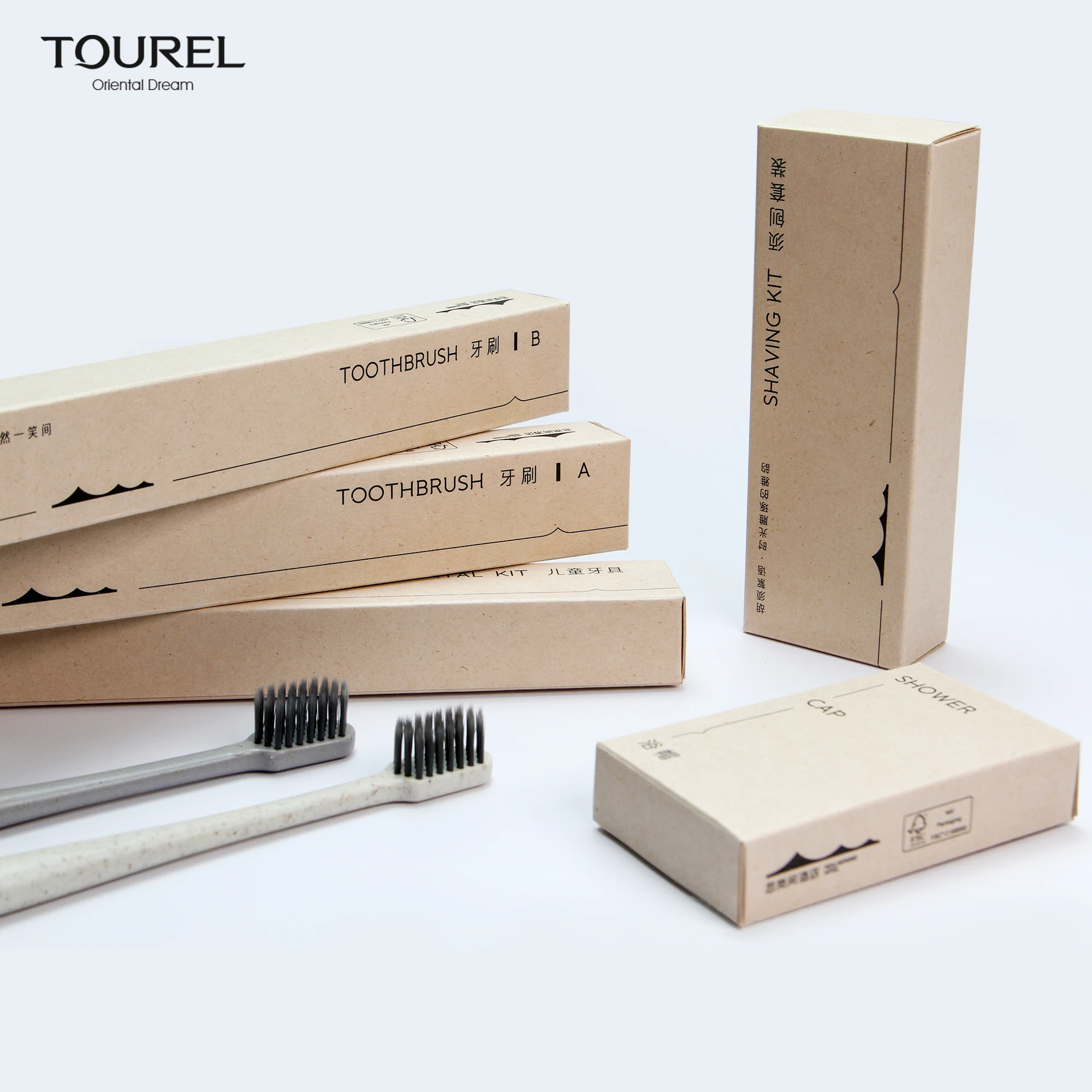 Kit de produits de toilette jetables écologiques, boîte en papier de canne à sucre certifiée FSC, ensemble d'articles d'accueil pour hôtel avec kit dentaire pour enfants