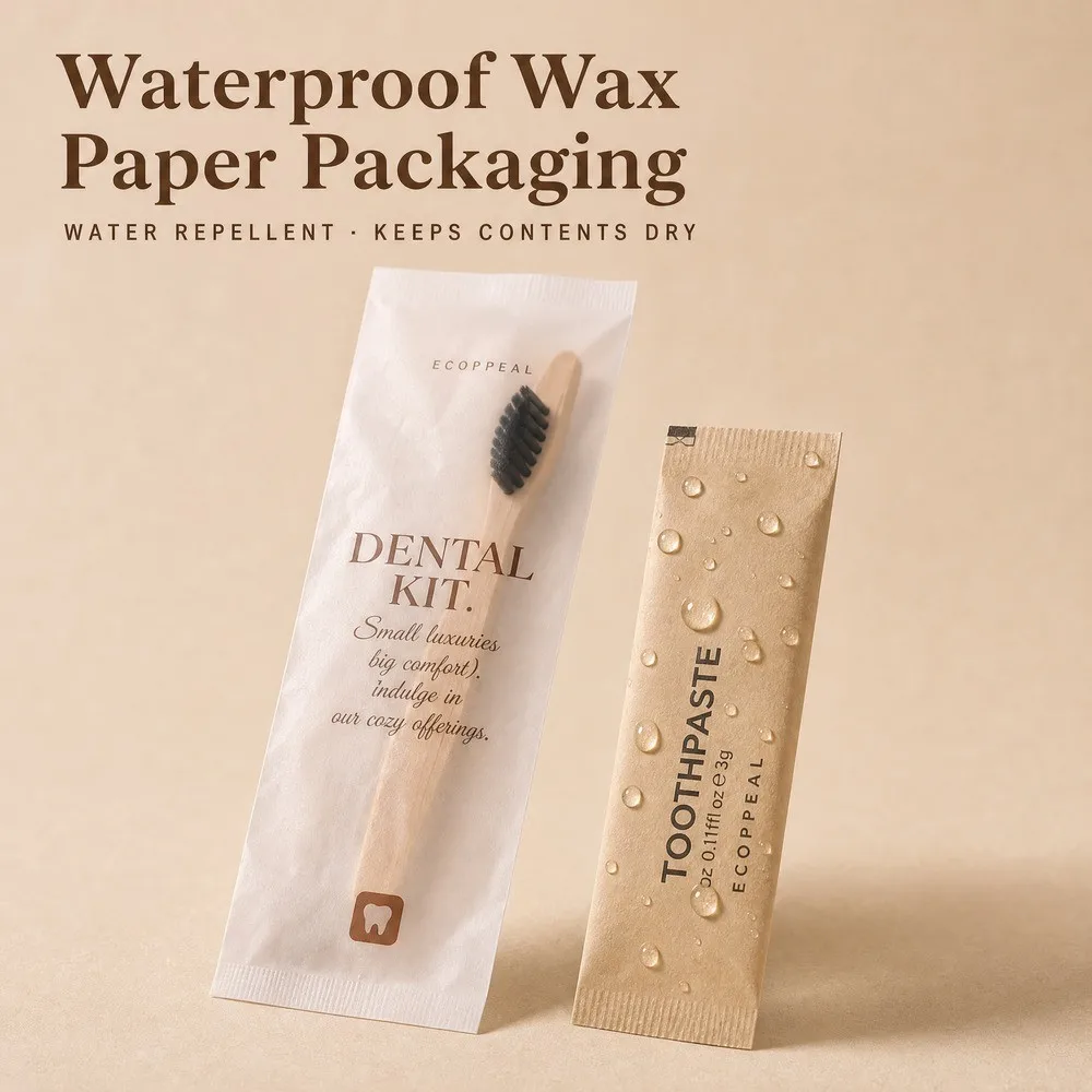 Kit d'articles de bienvenue écologique pour hôtel, emballage en papier ciré imperméable, trousse de toilette jetable pour salle de bain pour chambres d'hôtel