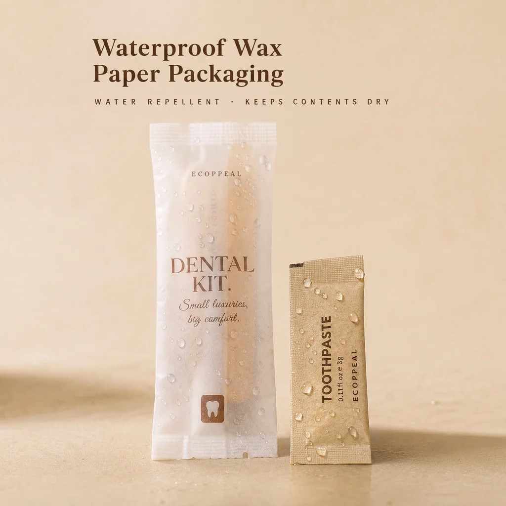 Kit d'articles de bienvenue écologique pour hôtel, emballage en papier ciré imperméable, trousse de toilette jetable pour salle de bain pour chambres d'hôtel