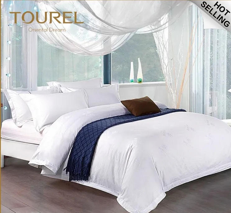Juego de cama para hotel al por mayor de Yangzhou, Dub&aacute;i, funda n&oacute;rdica de rayas blancas, colecci&oacute;n de ropa de cama para hotel, s&aacute;bana tejida lisa, 4 piezas