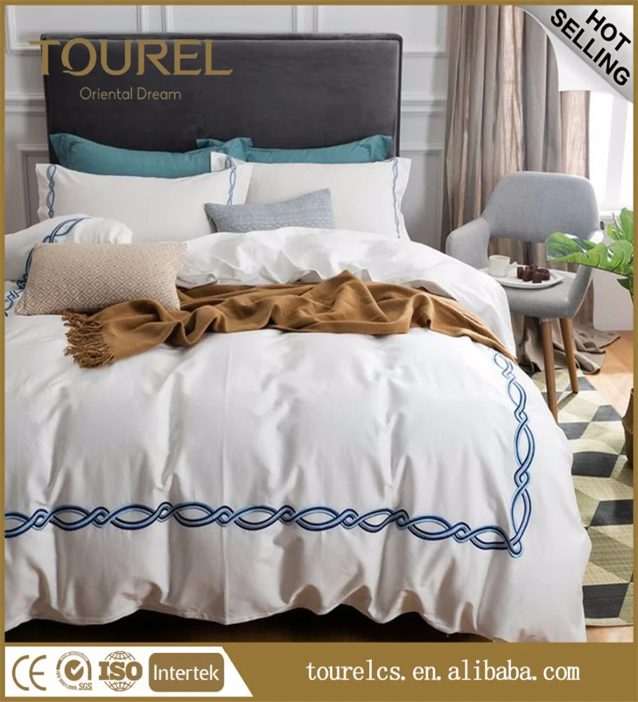 Hotel Bed Sheets 100% Cotton Polyester Striped Stitched Design Plain White Blue Embroidery Customized Size 300tc Eco-friendly