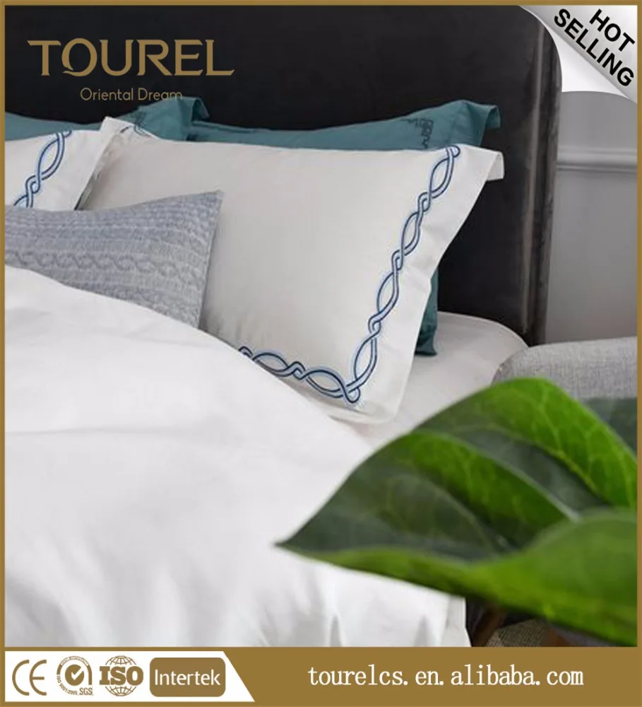 Hotel Bed Sheets 100% Cotton Polyester Striped Stitched Design Plain White Blue Embroidery Customized Size 300tc Eco-friendly