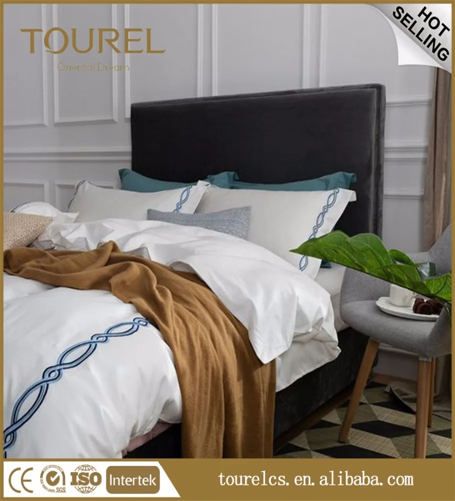 Hotel Bed Sheets 100% Cotton Polyester Striped Stitched Design Plain White Blue Embroidery Customized Size 300tc Eco-friendly