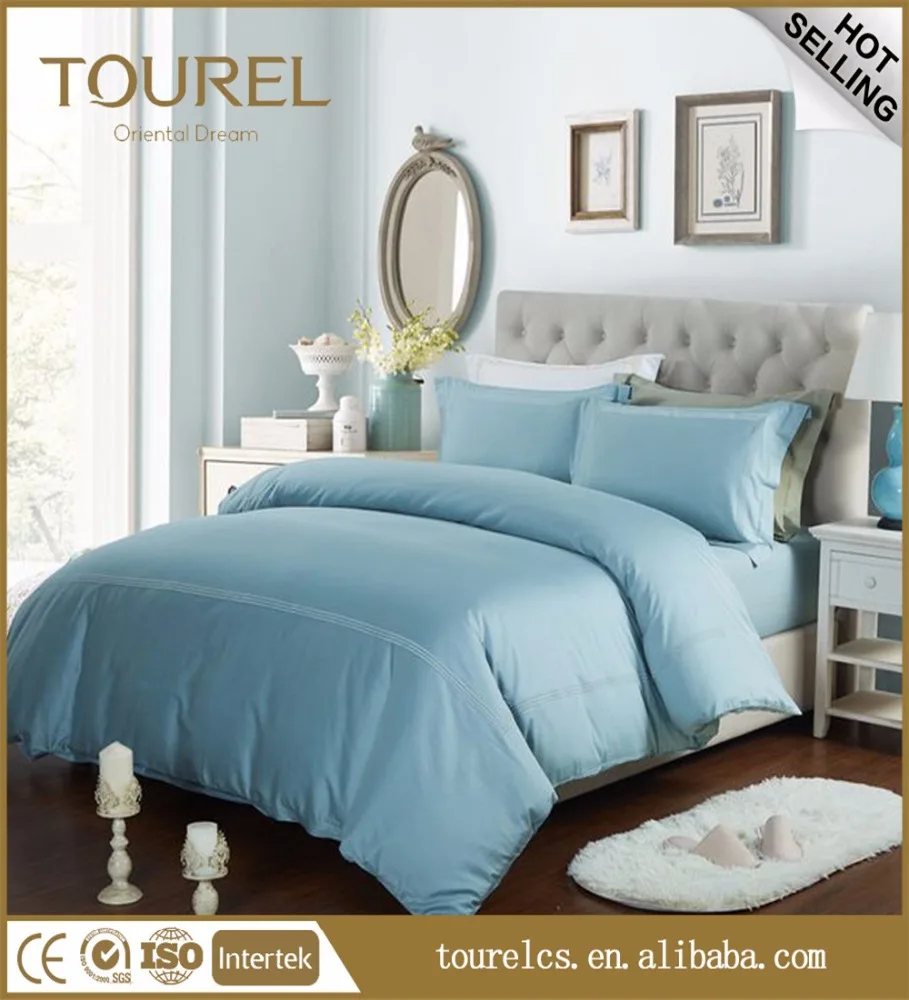 Hotel Bed Sheets 100% Cotton Polyester Striped Stitched Design Plain White Blue Embroidery Customized Size 300tc Eco-friendly