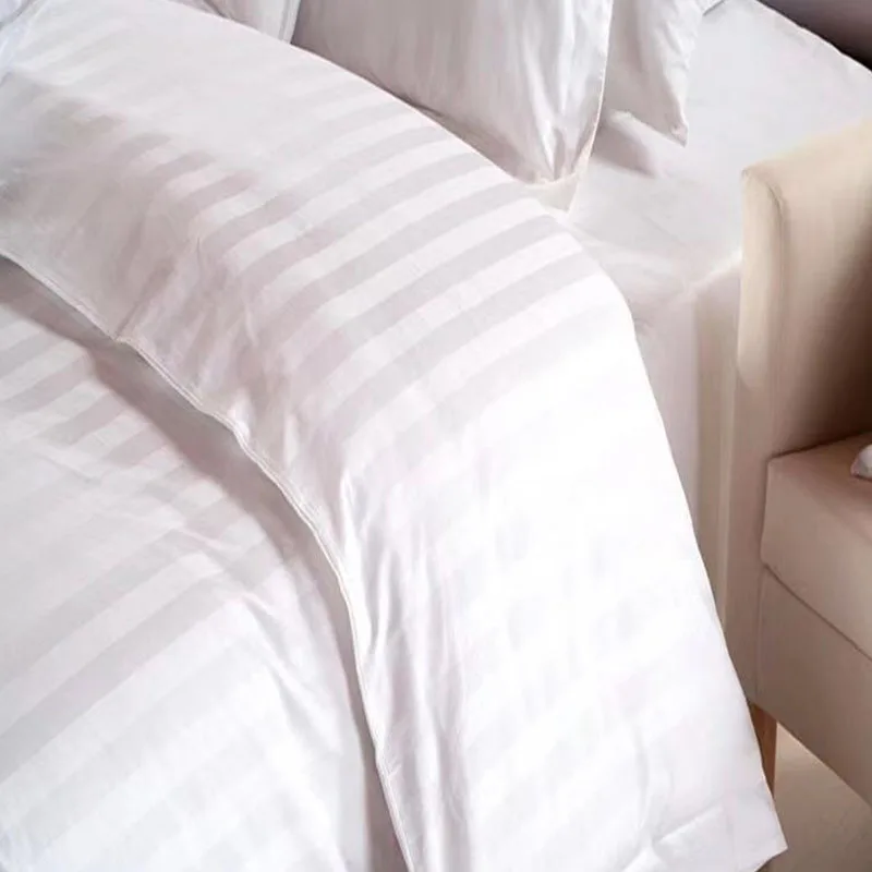 Ensemble de draps-housses blancs rayés en coton 100 % en gros, simple, pour hôpital/médical/hôtel, 4 pièces, 300 fils au pouce, pour mariages
