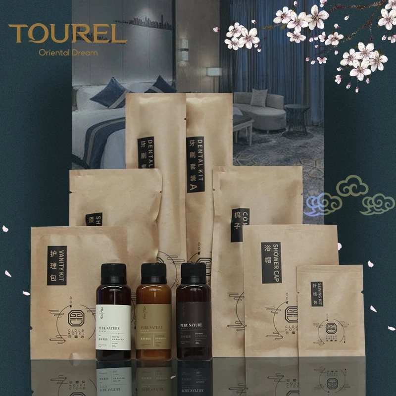 Articles de toilette d'hôtel biologiques bon marché, produits de toilette écologiques biodégradables pour chambres d'hôtes, liste et ensemble de fournitures d'agréments